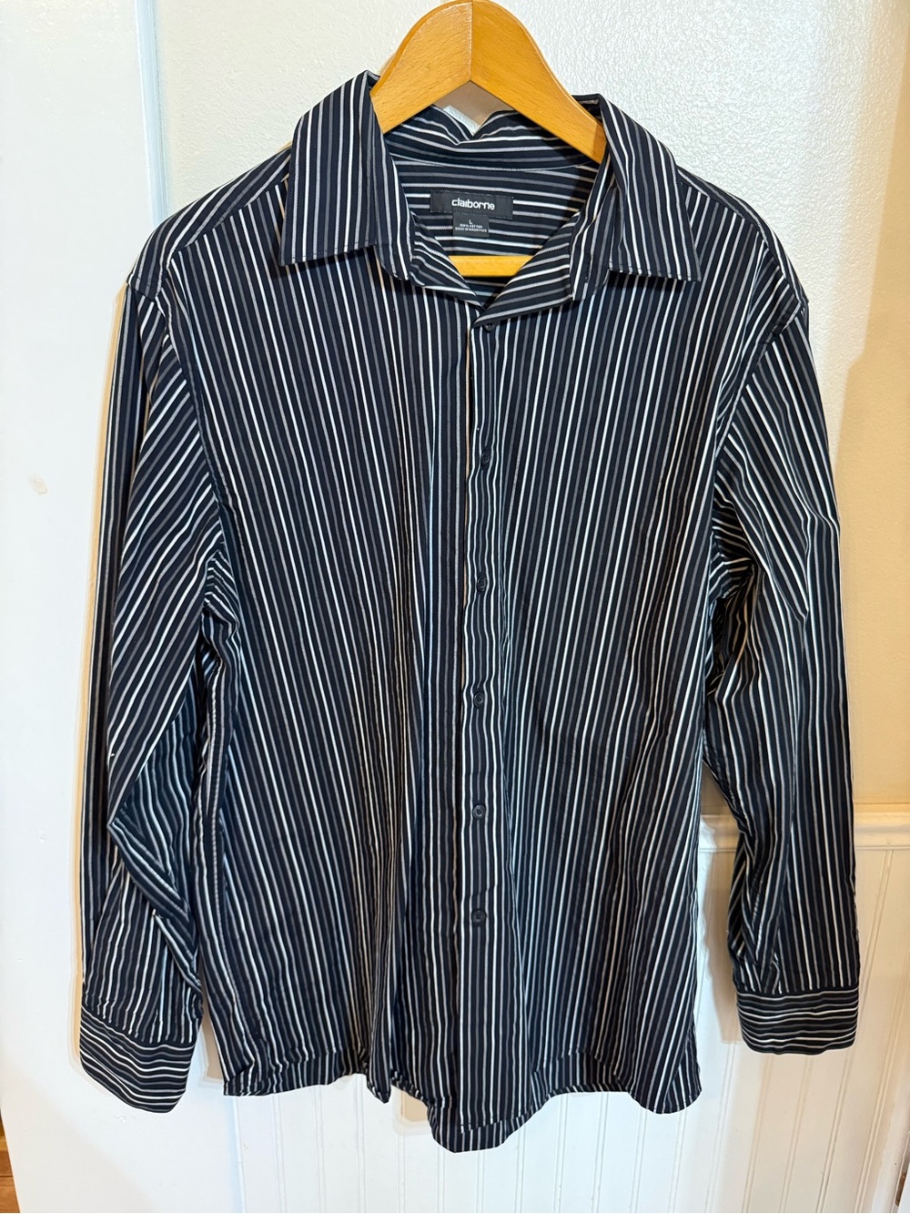 Claiborne Black and White Vertical Stripe Dress Shirt